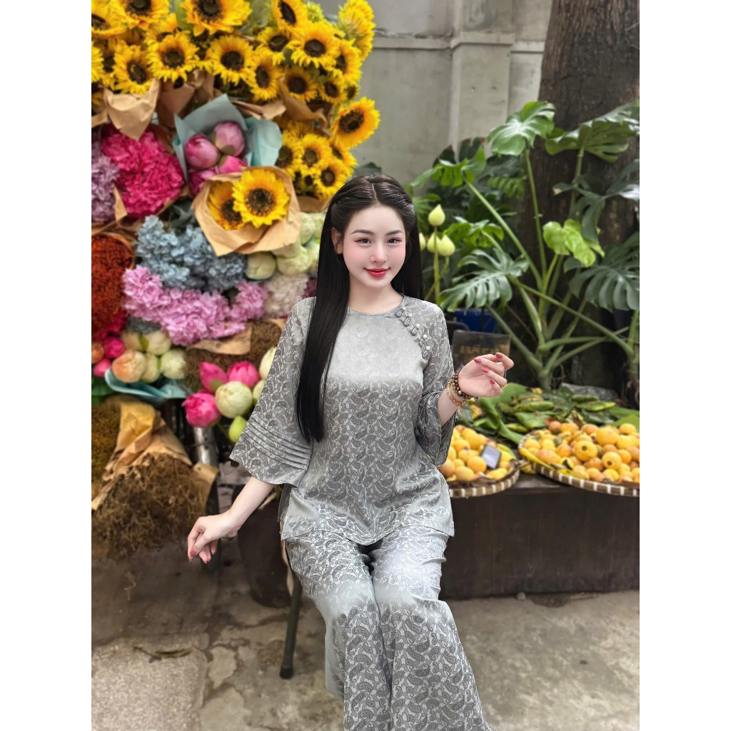 Pháp phục đi chùa cổ tròn đính khuy tết họa tiết tằm lông công Đồ lam đi lễ cách tân tay lỡ xếp ly mềm mát Sang trọng
