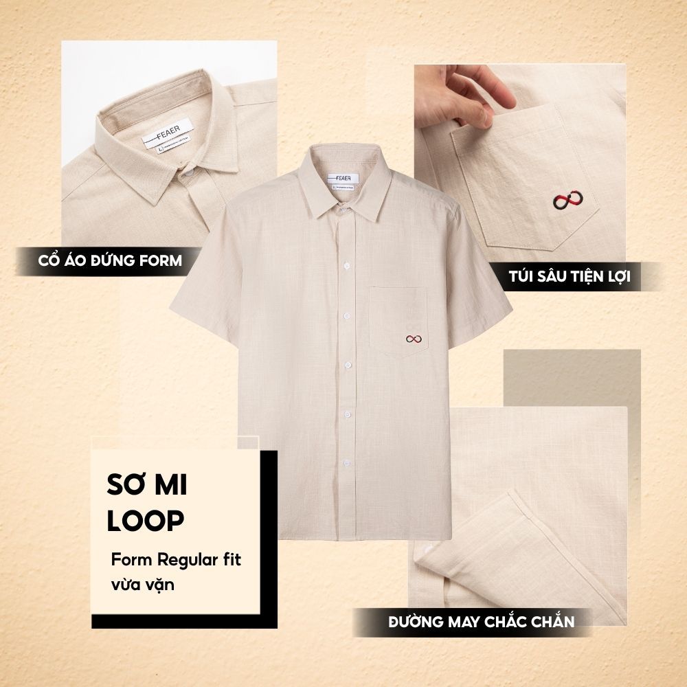 Áo sơ mi nam ngắn tay Loop vải linen mềm nhẹ, thoáng mát, cổ đứng, chất vải xốp, thêu logo tinh - FEAER