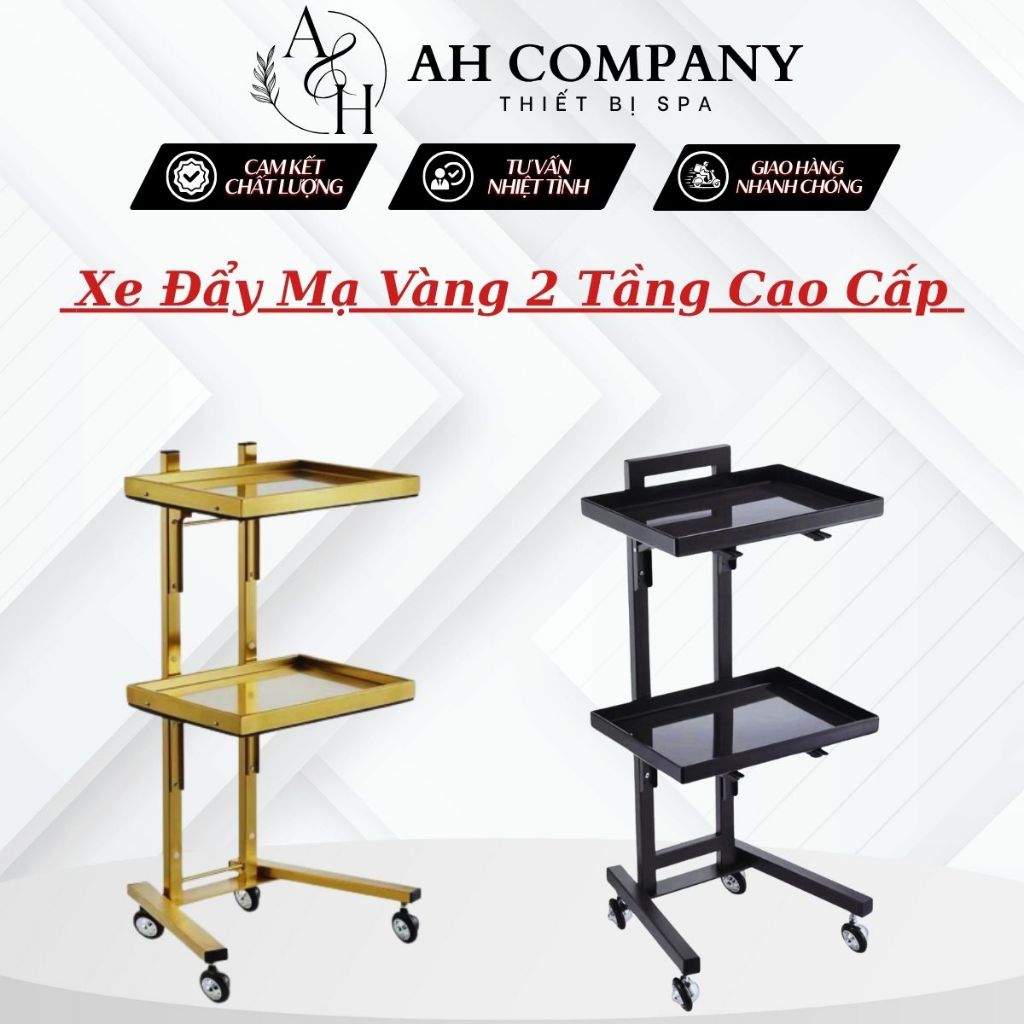 Xe Đẩy Mạ Vàng 2 Tầng, Có Thể Gập Được Như Hình, Kệ Inox Mạ Vàng, Dùng Trong Phun Xăm Thẩm Mỹ Viện