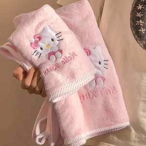 Khăn Tắm Sợi Bông Hello Kitty Thấm Hút Mềm Mại, Khăn Mặt Mũ Quấn Tóc Cao Cấp Không Rụng Lông