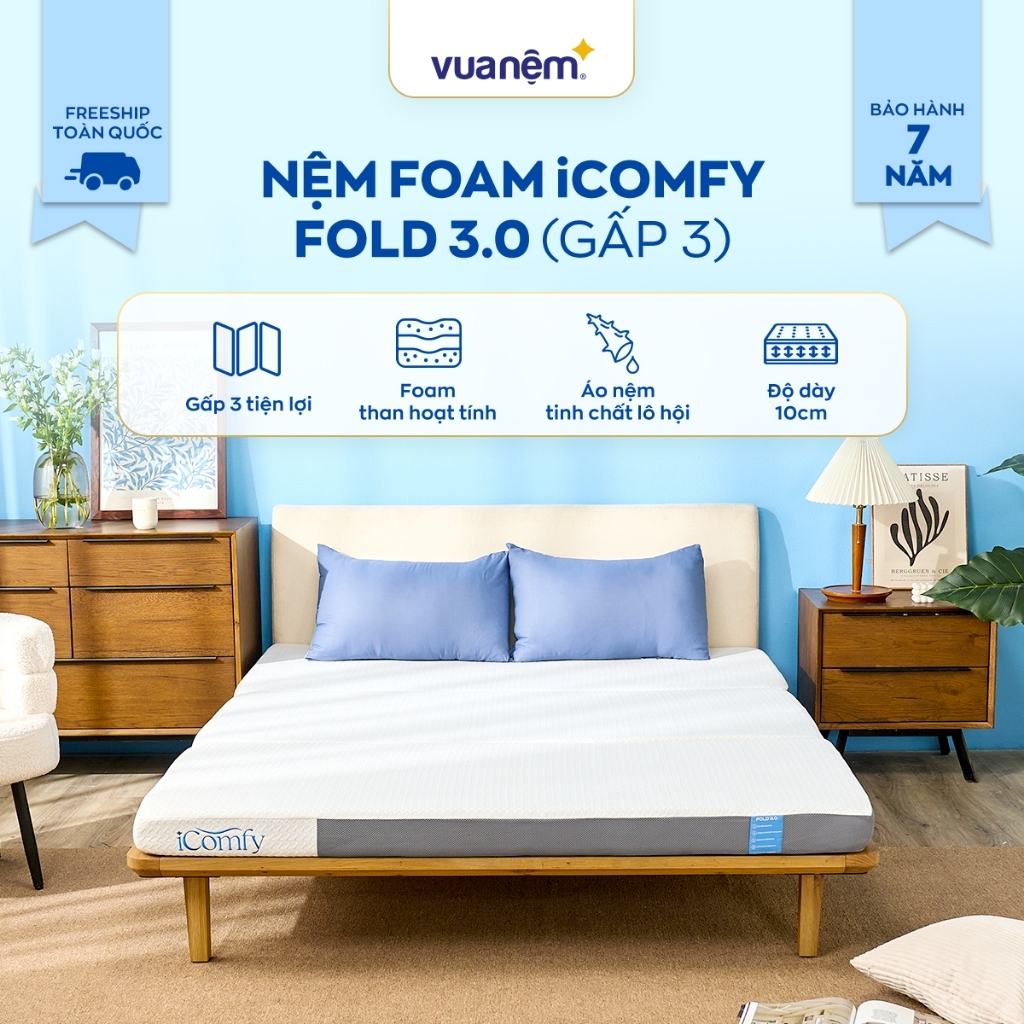 [ĐƠN 10TR TẶNG 1 BỘ CHĂN BÉ] Nệm foam gấp 3 IComfy Fold 3.0 - Nệm gập 3 tiện lợi, Nệm êm, Đệm gia đình, Nệm gập gọn nhẹ