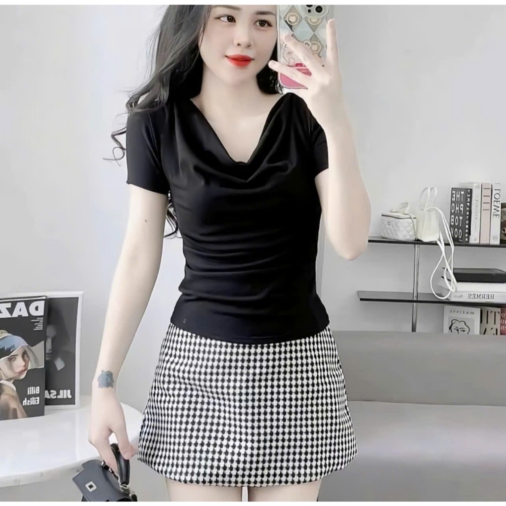 Áo Thun Nữ Cổ Đổ Bigsize Vải Thun Nhũ Kim Tuyến Co Giãn Áo Tay Ngắn Ôm  Đẹp Dễ Thương ESHOP MS457