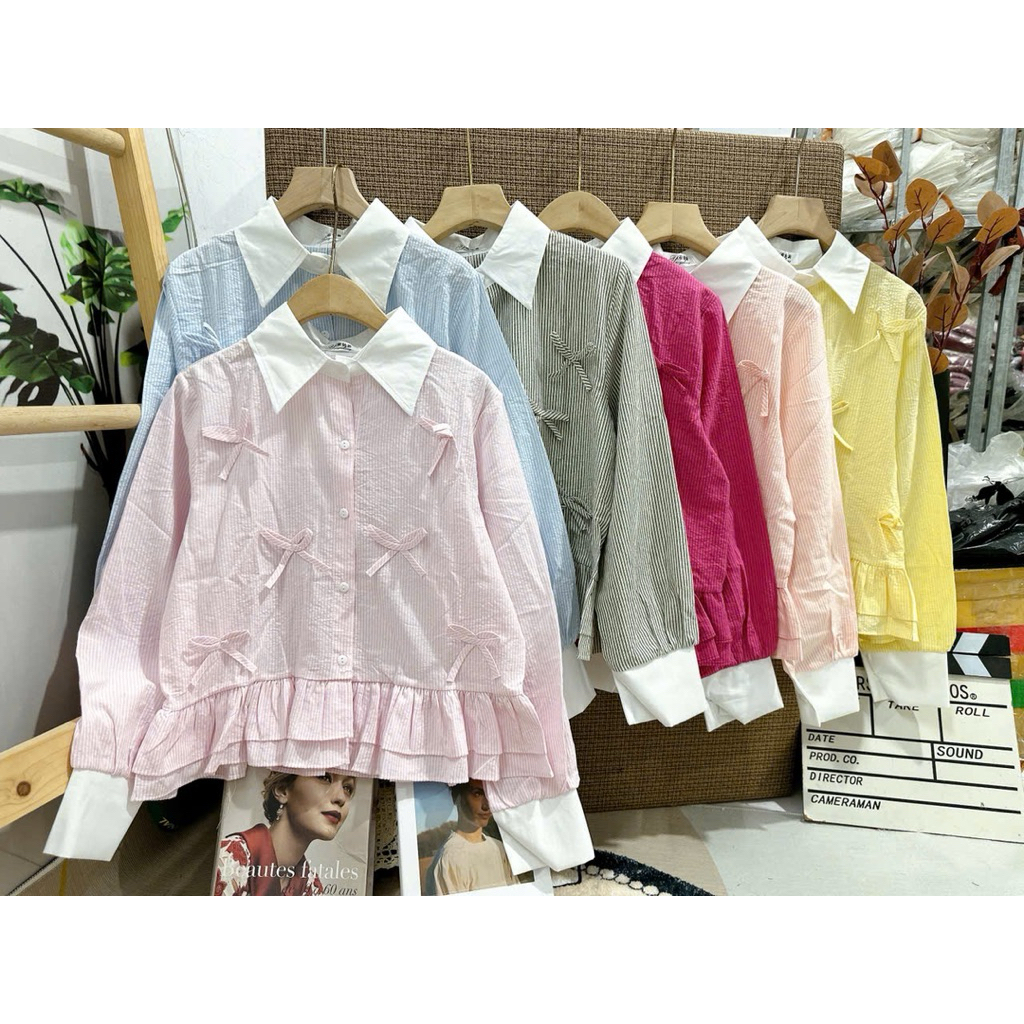 Sơ mi nữ kiểu đính nơ cổ nhọn tiểu thư by.Thanhhuyenclothings