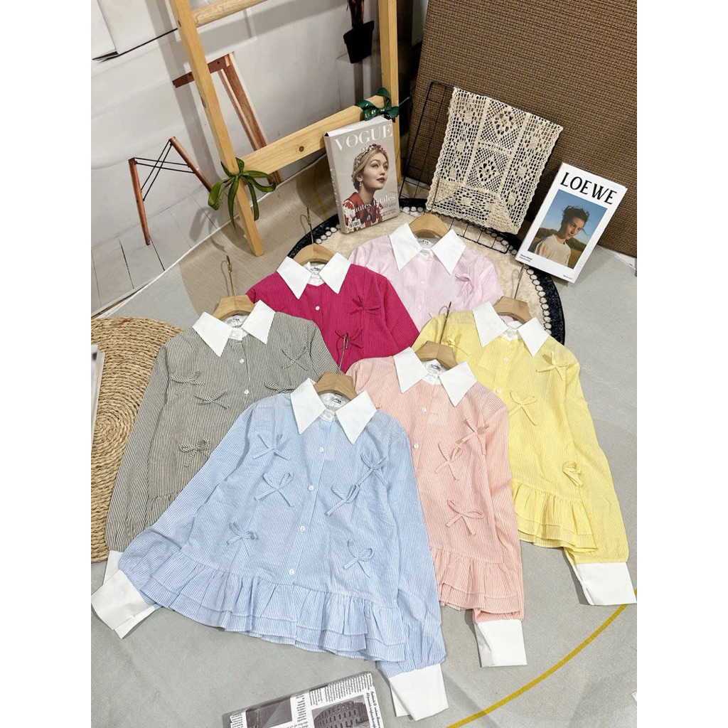 Sơ mi nữ kiểu đính nơ cổ nhọn tiểu thư by.Thanhhuyenclothings