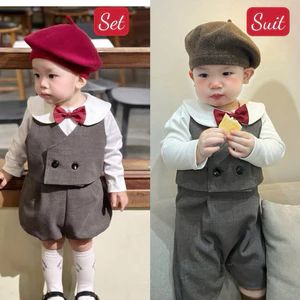 Set công tử XÁM nơ ĐỎ mặc Thu Đông cho bé di chơi đi học sinh nhật thôi nôi-SẴN Shipp