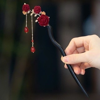 Trâm Cài Tóc Gỗ Mun Hoa Hồng Đỏ Phối Tua Rua, Phụ Kiện Cô Dâu,chụp ảnh cưới