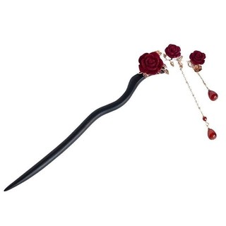 Trâm Cài Tóc Gỗ Mun Hoa Hồng Đỏ Phối Tua Rua, Phụ Kiện Cô Dâu,chụp ảnh cưới