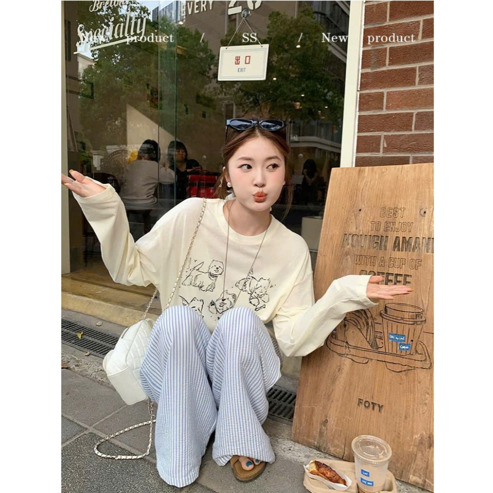 Áo dài tay nữ dáng rộng in hình 5 chú Cún JULY FASHION, Áo phông nữ tay dài mặc thu đông, chất thun xượt mềm mịn