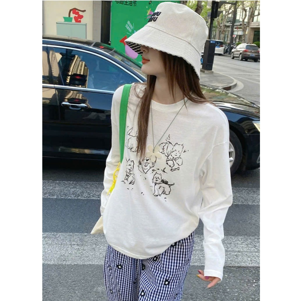 Áo dài tay nữ dáng rộng in hình 5 chú Cún JULY FASHION, Áo phông nữ tay dài mặc thu đông, chất thun xượt mềm mịn