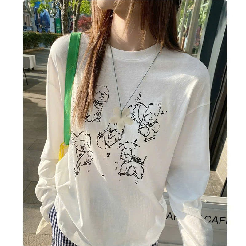Áo dài tay nữ dáng rộng in hình 5 chú Cún JULY FASHION, Áo phông nữ tay dài mặc thu đông, chất thun xượt mềm mịn