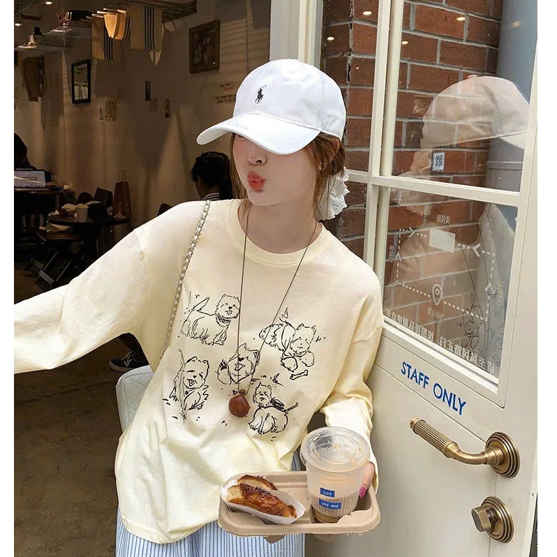 Áo dài tay nữ dáng rộng in hình 5 chú Cún JULY FASHION, Áo phông nữ tay dài mặc thu đông, chất thun xượt mềm mịn