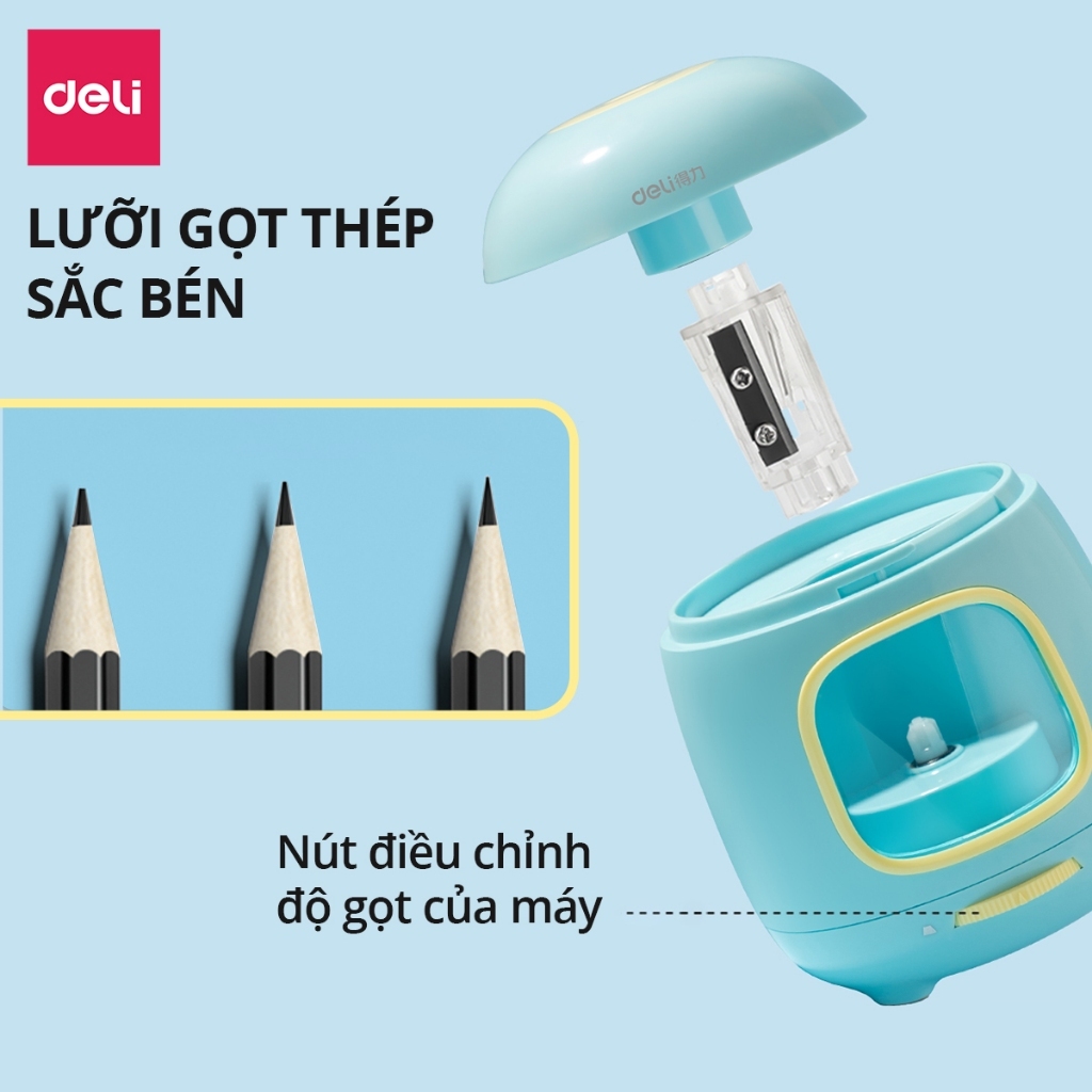 [Deli] Gọt Bút Chì Điện Tự Động 3 Chế Độ – An Toàn Cho Học Sinh & Văn Phòng, Kèm Sticker Dễ Thương