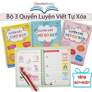 Sách-Bộ 3 Quyển Vở Luyện Viết Tự Xóa Tập Tô Chữ Số To Cho Bé Nét Lõm Mẫu Giáo Mầm Non Tặng 8 ruột+2 vỏ bút+2 cá cầm bút
