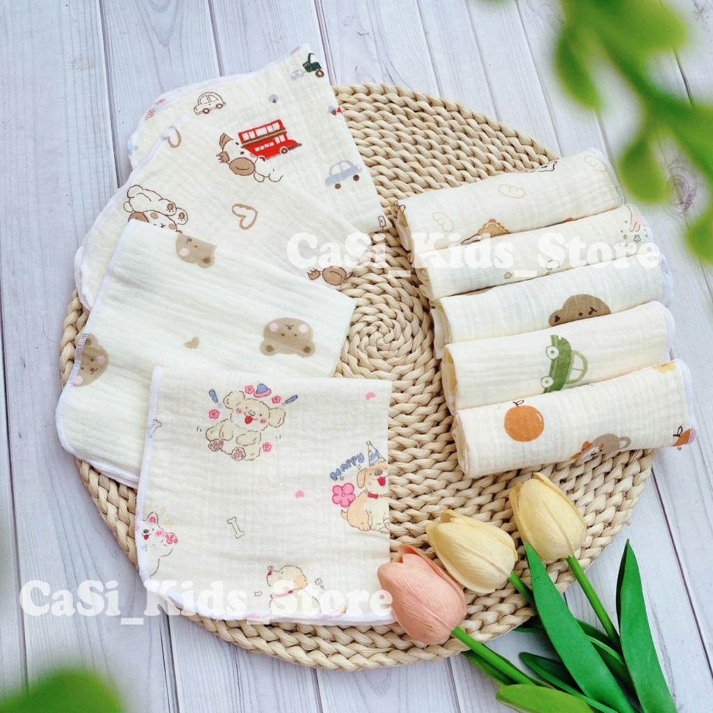 Set 10 Khăn Mặt Kích Thước 28x28Cm Cho Bé Xô Muslin Đa Năng Mềm Mịn, Thấm Hút Nhanh Nhiều Họa Tiết CaSi
