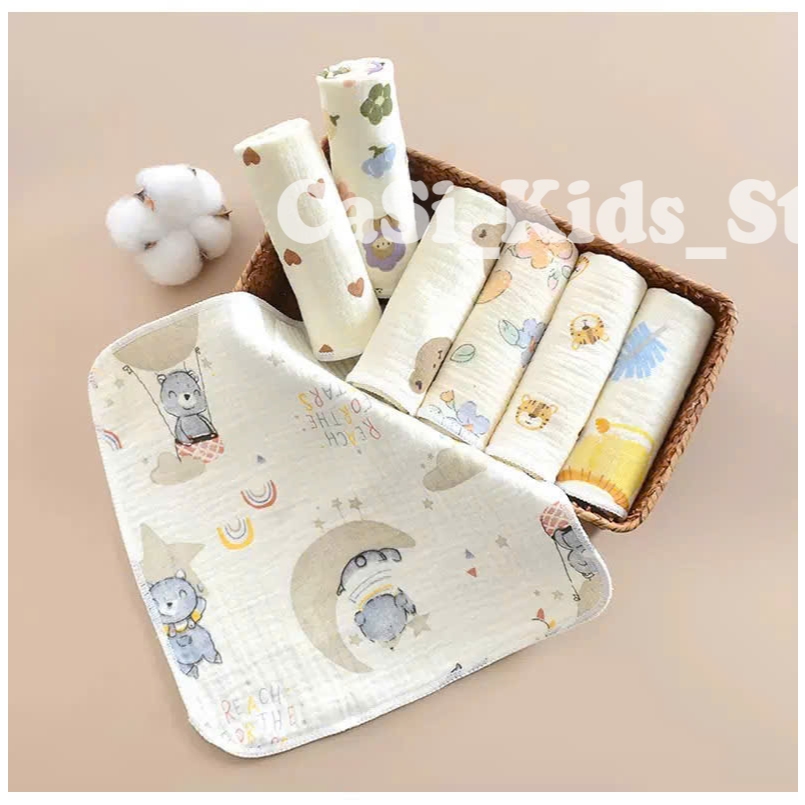 Set 10 Khăn Mặt Kích Thước 28x28Cm Cho Bé Xô Muslin Đa Năng Mềm Mịn, Thấm Hút Nhanh Nhiều Họa Tiết CaSi