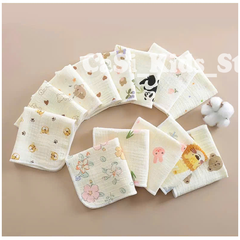 Set 10 Khăn Mặt Kích Thước 28x28Cm Cho Bé Xô Muslin Đa Năng Mềm Mịn, Thấm Hút Nhanh Nhiều Họa Tiết CaSi