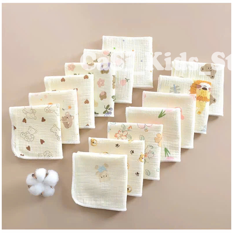 Set 10 Khăn Mặt Kích Thước 28x28Cm Cho Bé Xô Muslin Đa Năng Mềm Mịn, Thấm Hút Nhanh Nhiều Họa Tiết CaSi