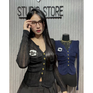 LT - Áo len nữ dài tay thu đông, len giấy khuy vàng logo đính ngực sang trọng free size 1358