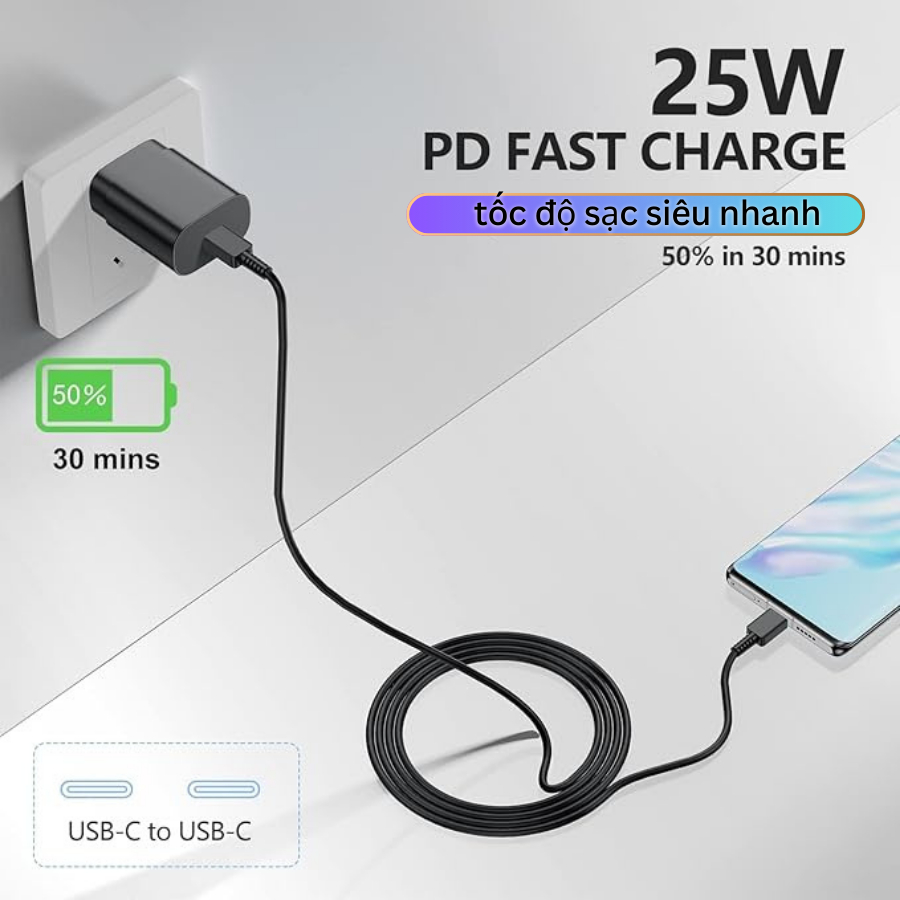 Cáp sạc nhanh 25w , bản cao cấp chính hãng TKN dùng cho máy dòng sam sun... bảo hành 1 năm.