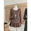 TRIANGLE - Brown long-sleeved Shirt (Cân nhắc kỹ, return is not welcomed)- Áo kiểu dài tay 3 chi tiết áo thun+gile+ belt