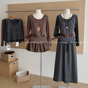 TRIANGLE - Brown long-sleeved Shirt (Cân nhắc kỹ, return is not welcomed)- Áo kiểu dài tay 3 chi tiết áo thun+gile+ belt