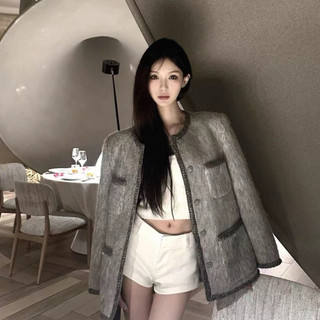 Áo khoác len dạ 4 túi form suông cổ tròn viền bling phong cách tiểu thư sang trọng
