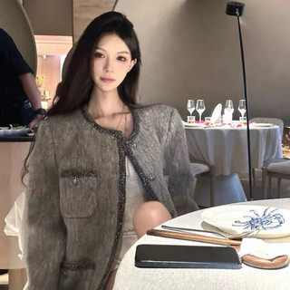Áo khoác len dạ 4 túi form suông cổ tròn viền bling phong cách tiểu thư sang trọng