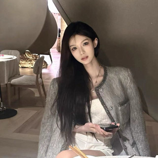 Áo khoác len dạ 4 túi form suông cổ tròn viền bling phong cách tiểu thư sang trọng