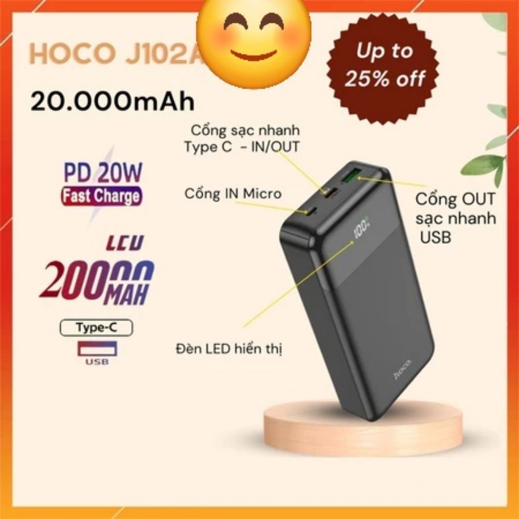 Sạc nhanh dự phòng J102A  dung lượng 20000 mah Sạc nhanh Power Bank