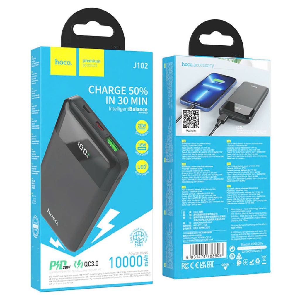 Sạc dự phòng 20w Hoco J102 dung lượng 10000mAh, nhỏ gọn, hỗ trợ sạc nhanh.
