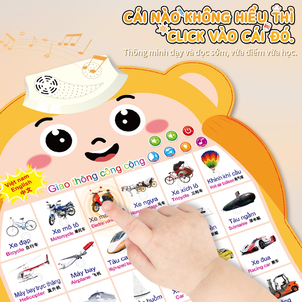 Bảng Học Tập Trẻ Em 3 Ngôn Ngữ Việt-Anh-Trung, Thú Nhí Độc Đáo, Học Chữ Cái, Động Vật & Xe Cộ