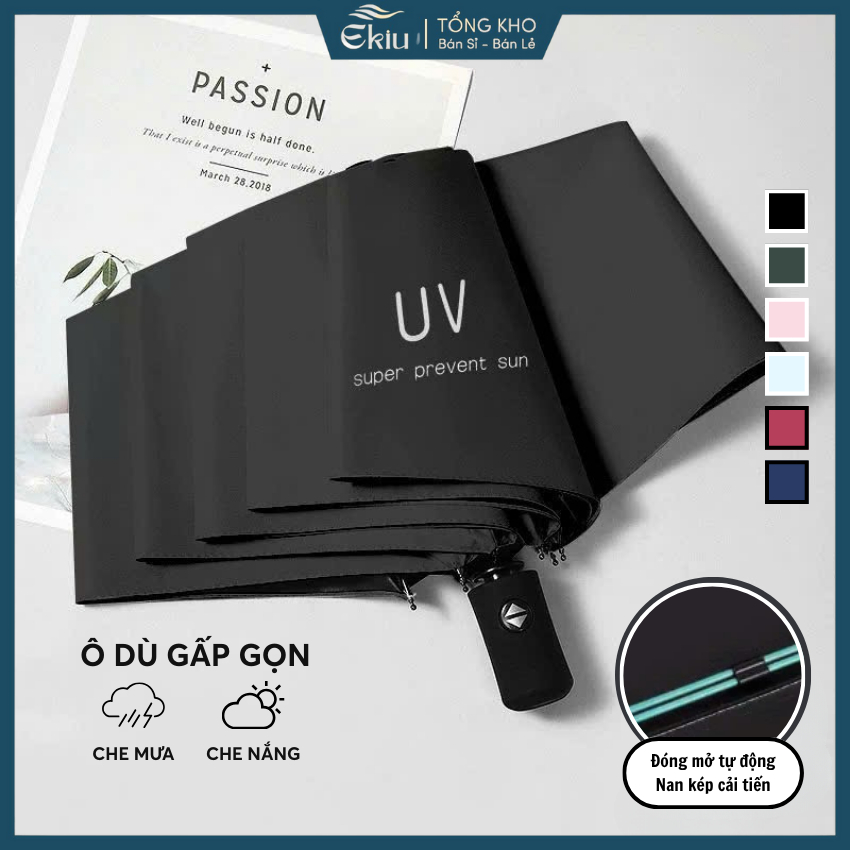 Ô dù gấp gọn tự động nhỏ gọn 16 nan 8 nan đôi, chất liệu Polyester chống nước chống tia UV - Ekiu Shop