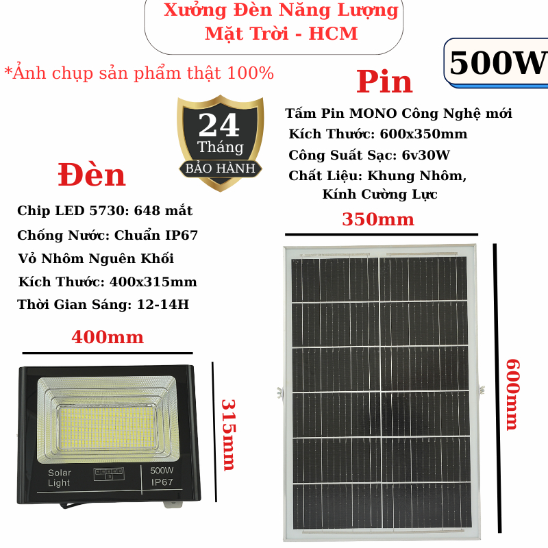 Đèn Pha LED Năng Lượng Mặt Trời 500W Treo Tường Ngoài Trời, Siêu Sáng, Phù Hợp Lắp Đặt Nhiều Vị Trí