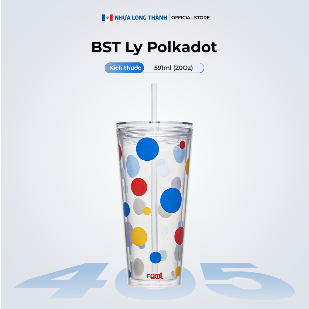 Ly nhựa cách nhiệt 2 lớp POLKADOT 591ml nhựa nguyên sinh, có nắp đậy và ống hút tiện lợi