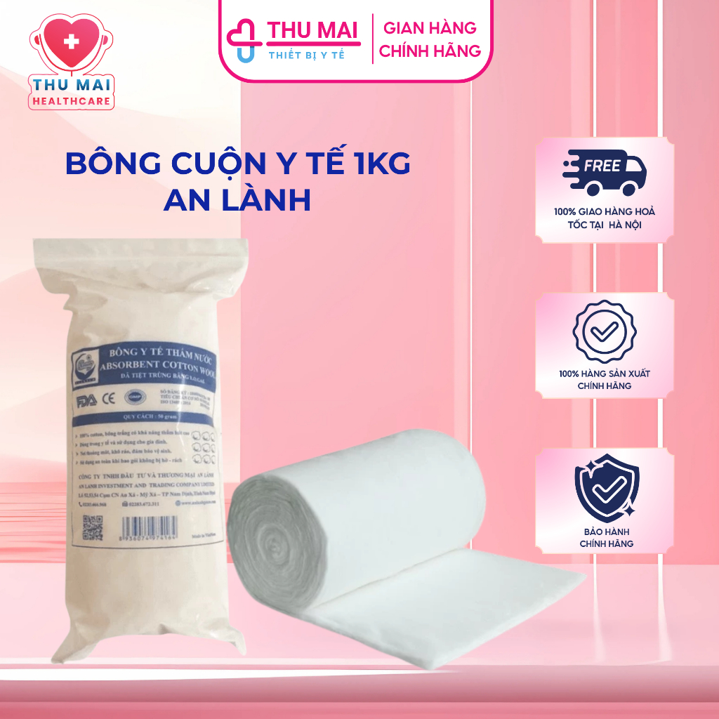 Bông cân y tế An Lành - Cuộn 1kg bông - Bông y tế thấm nước