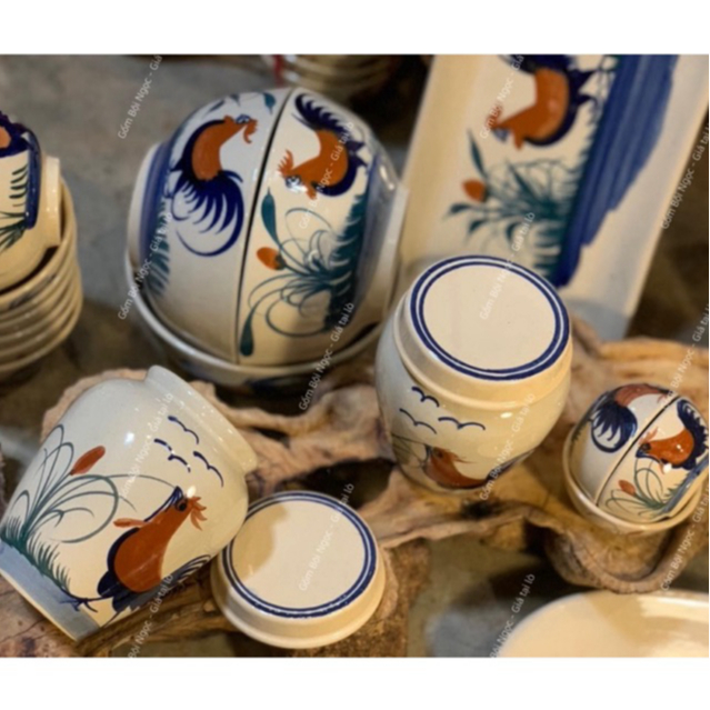 Bộ Chén Dĩa Tô Vẽ Con Gà Trống Nam Bộ Hàng Cao Cấp - Dành Cho 5 Người - Gốm Lái Thiêu - Gốm Xưa Cho Người Hoài Niệm