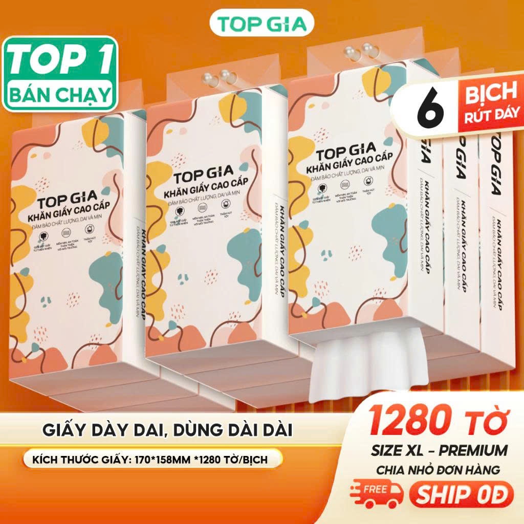 Giấy Vệ Sinh Treo Tường Top Gia Thùng 6 Bịch/1280 Tờ - Đa Sắc, Bột Gỗ, 4 Lớp Dày Dặn