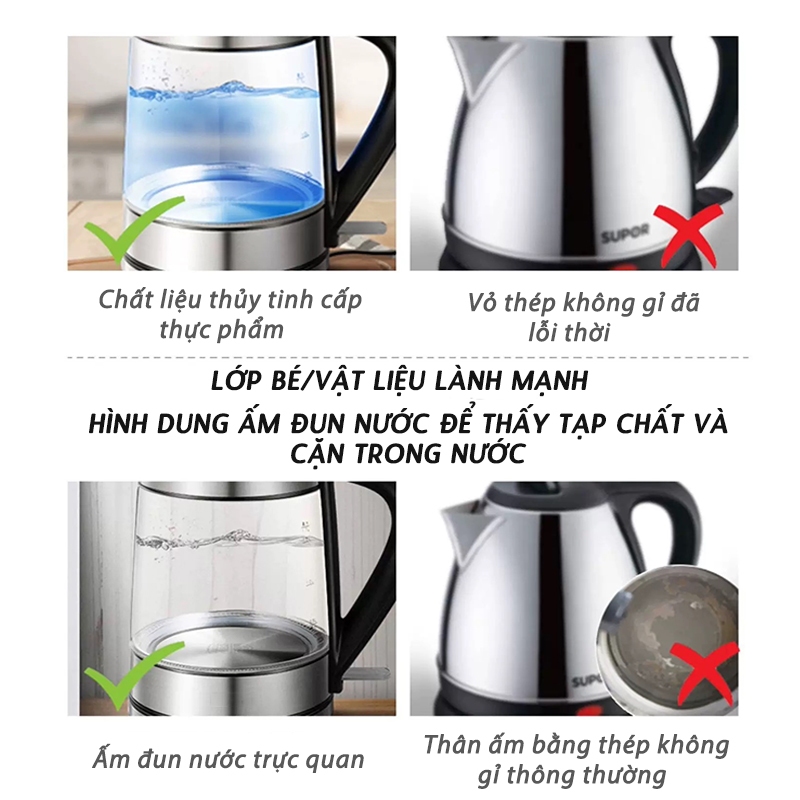 【Bảo hành 3 năm】 - Ấm đun nước điện 2 lít - Công suất 1850W - Theo dõi mực nước trực quan