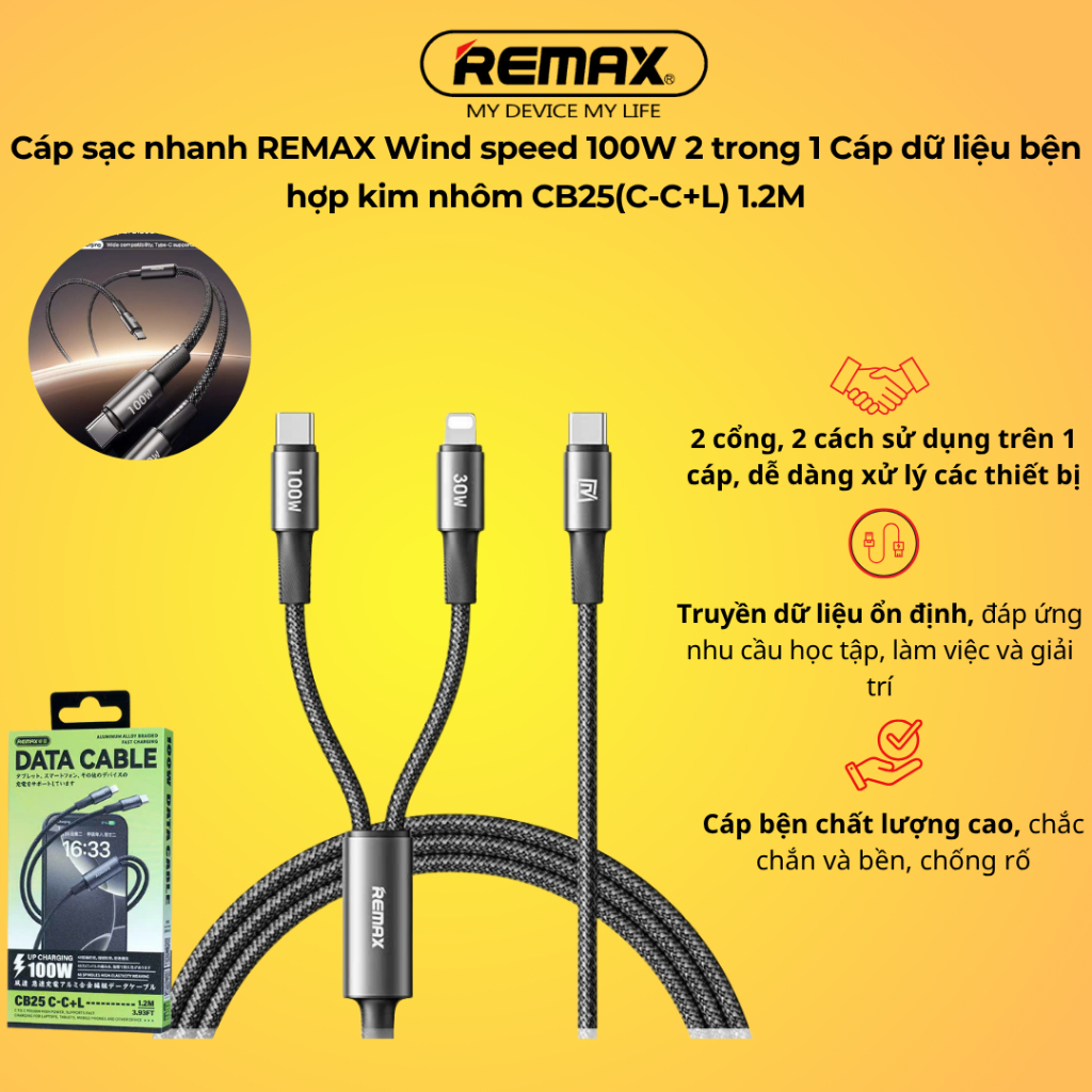 Cáp sạc nhanh REMAX Wind speed 100W 2 trong 1 Cáp dữ liệu bện hợp kim ...