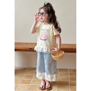 [B&G] Sét bộ Áo thun vàng kem Quần jean ống rộng phối ren trắng cực xinh cho bé gái từ 10-45kg