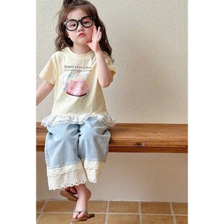 [B&G] Sét bộ Áo thun vàng kem Quần jean ống rộng phối ren trắng cực xinh cho bé gái từ 10-45kg