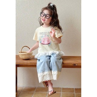 [B&G] Sét bộ Áo thun vàng kem Quần jean ống rộng phối ren trắng cực xinh cho bé gái từ 10-45kg