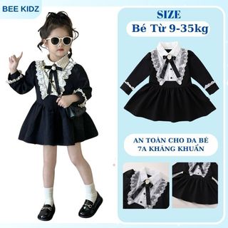 Váy Tiểu Thư Cho Bé Gái, Váy Bé Gái Thiết Phối Ren Thanh Lịch Tặng Kèm Nơ Chất Liệu Cotton Mềm Mịn
