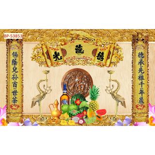 Tranh Dán tường 3d Phòng thờ, bàn thờ mâm ngũ quả siêu đẹp, bắt mắt...