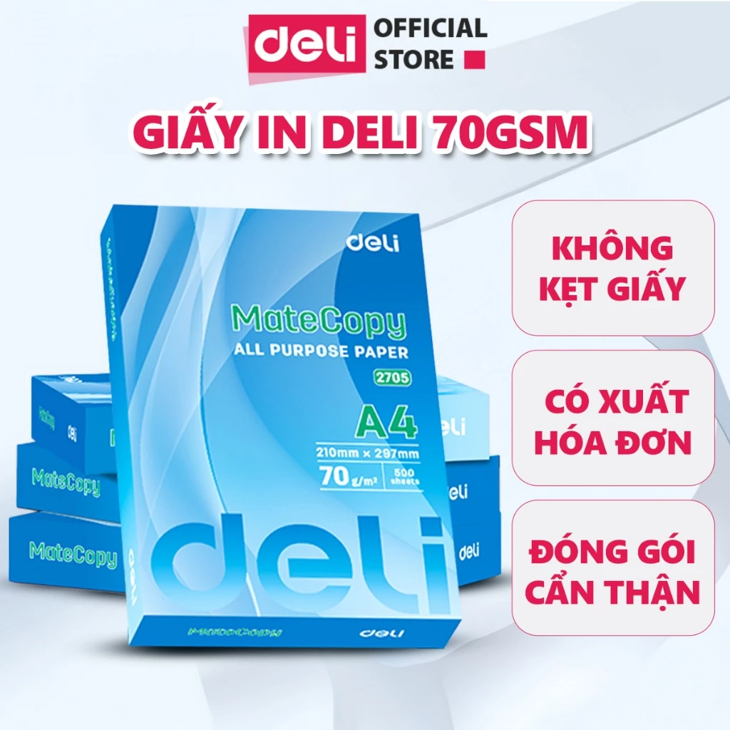 Giấy In Giấy A4 70 gsm Giấy Photo Copy Deli Chính Hãng Loại 500 tờ/ream độ dày cao, đều màu