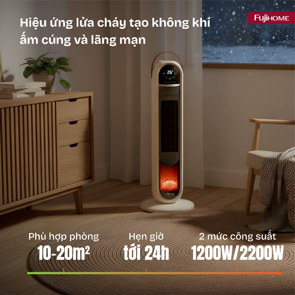 Sưởi gốm không khô da cảm biến tự điều chỉnh Nhập Khẩu FH202 FUJIHOME, Máy sưởi tự ngắt lọc không khí điều khiển giọng