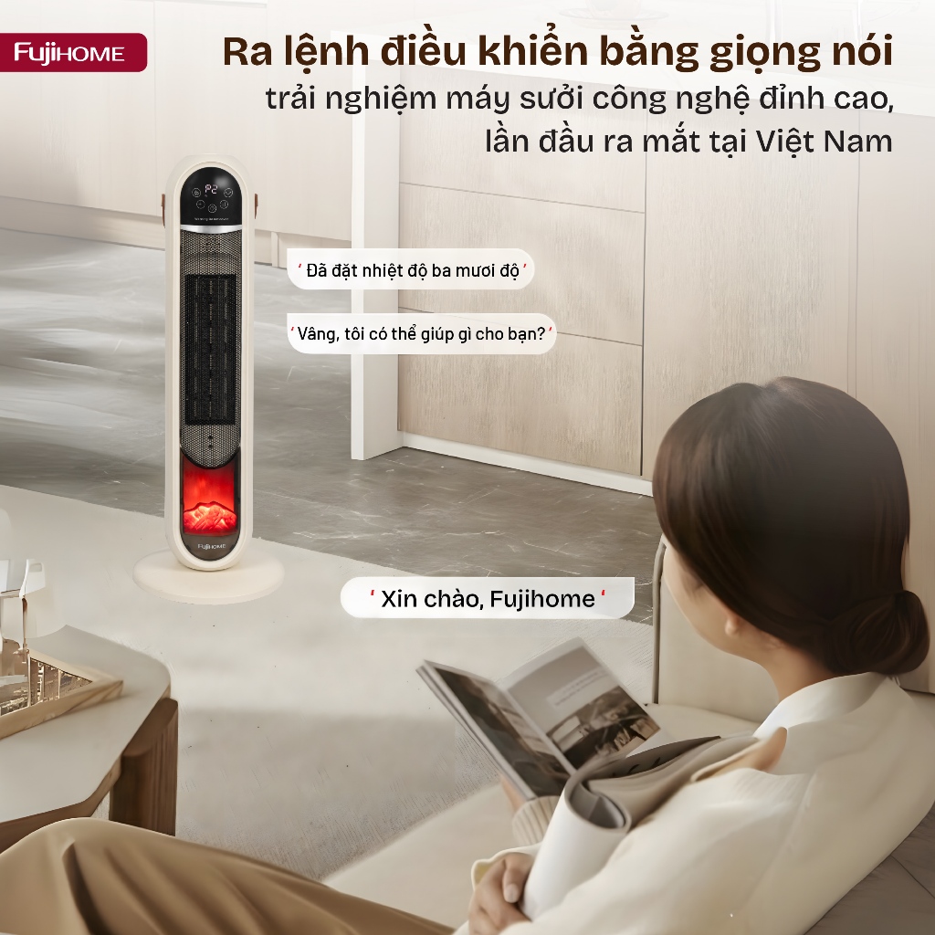 Sưởi gốm không khô da cảm biến tự điều chỉnh Nhập Khẩu FH202 FUJIHOME, Máy sưởi tự ngắt lọc không khí điều khiển giọng