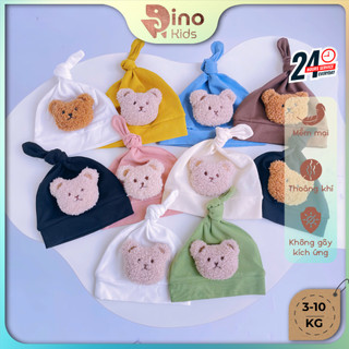 Mũ nón cotton thắt nút đính gấu cho bé trai, bé gái 3-10kg. Mũ nón củ tỏi cho bé sơ sinh. Dino Kids