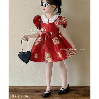 [B&G] Đầm đỏ Thiết kế cổ ren trắng phối tay phồng Chất gấm cao cấp cho bé gái tiệc tùng đi chơi Tết