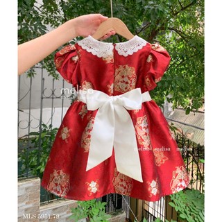 [B&G] Đầm đỏ Thiết kế cổ ren trắng phối tay phồng Chất gấm cao cấp cho bé gái tiệc tùng đi chơi Tết
